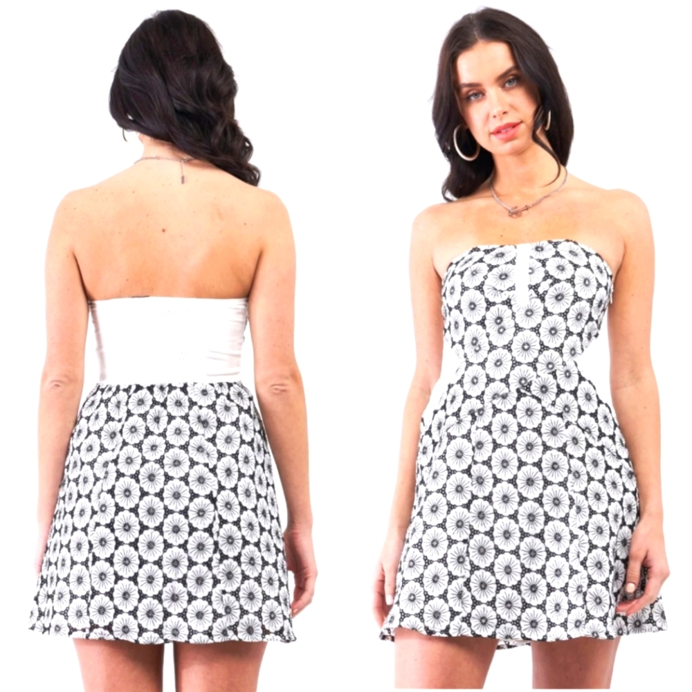 Floral Crochet Strapless Smock Back Mini Dress